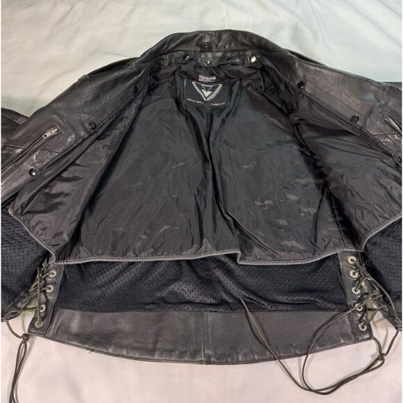 Vent Tech Black Vented Leather Motorcycle Jacket Green Flames Sz M - Picture 8 of 10